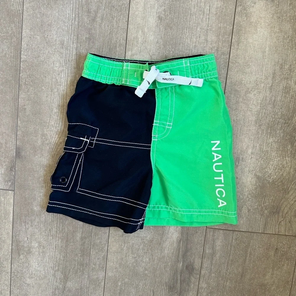 Nautica 12 Month Baby Boy Swim Trunks Shorts Vibrant Green & Navy Blue EUC